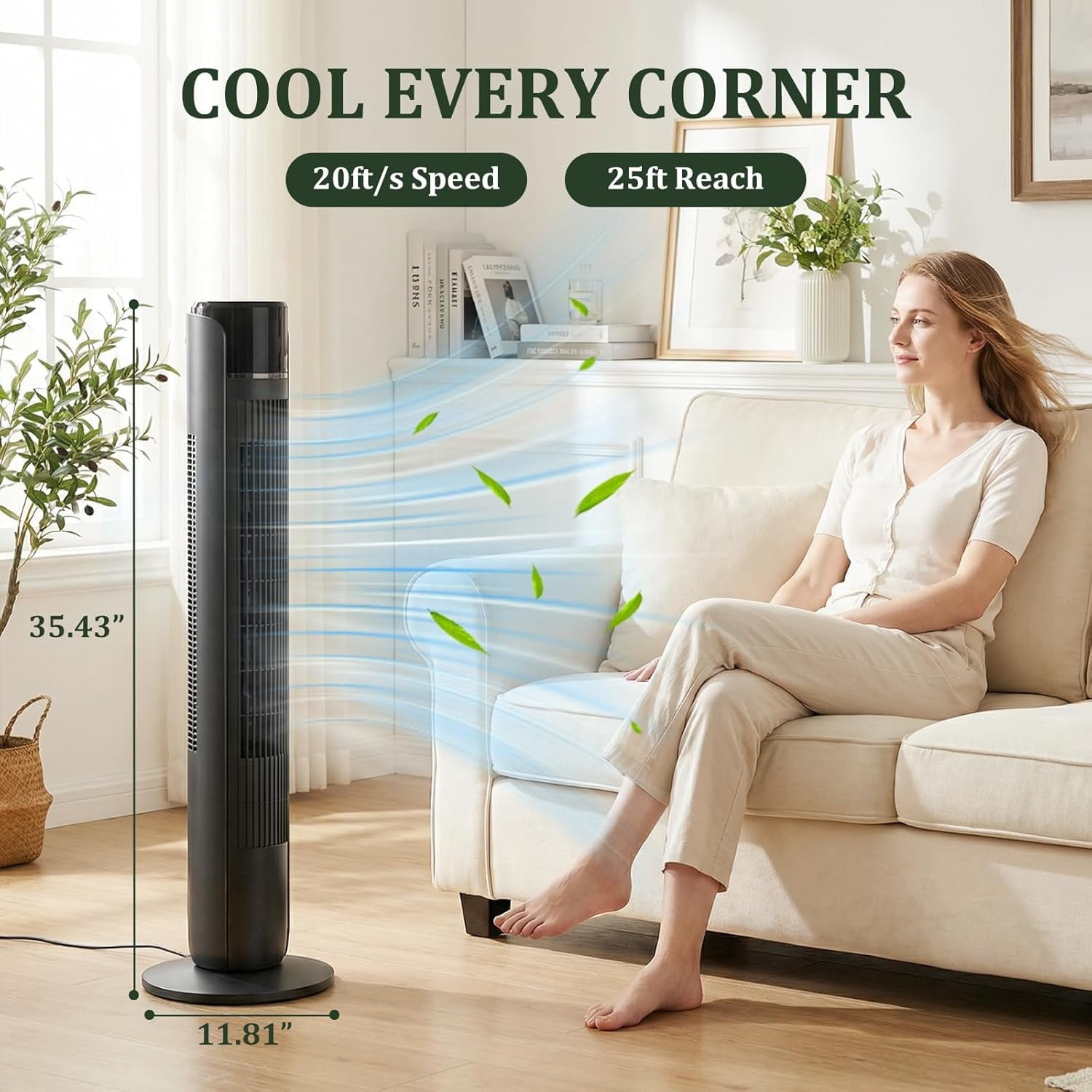Blazezo Tower Fan With Remote, 60° Oscillating Bladeless Cooling Fan, 28dB Quiet Standing Floor Fan for Bedroom Home Office, 5 Speeds 4 Modes 12H Timer