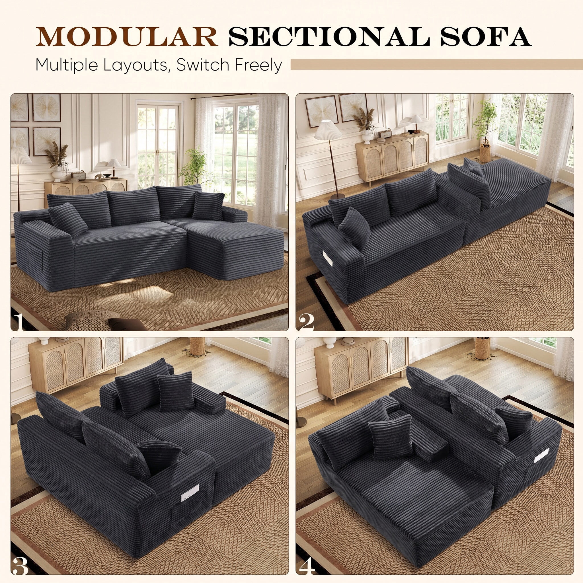Lunale Small Modular Sectional Sofa with Movable Chaise, L-Shaped Boneless Cloud Couch for Living Room, Gray (Right Facing Chaise)