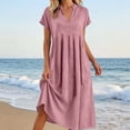 thumbnail image 2 of justHIGH Robe Midi en Coton et Lin pour Femme 2026 Été à Manches Courtes Décontractée Robes Plissées Ligne A Robe de Plage avec Poches Rose,TTG, 2 of 7