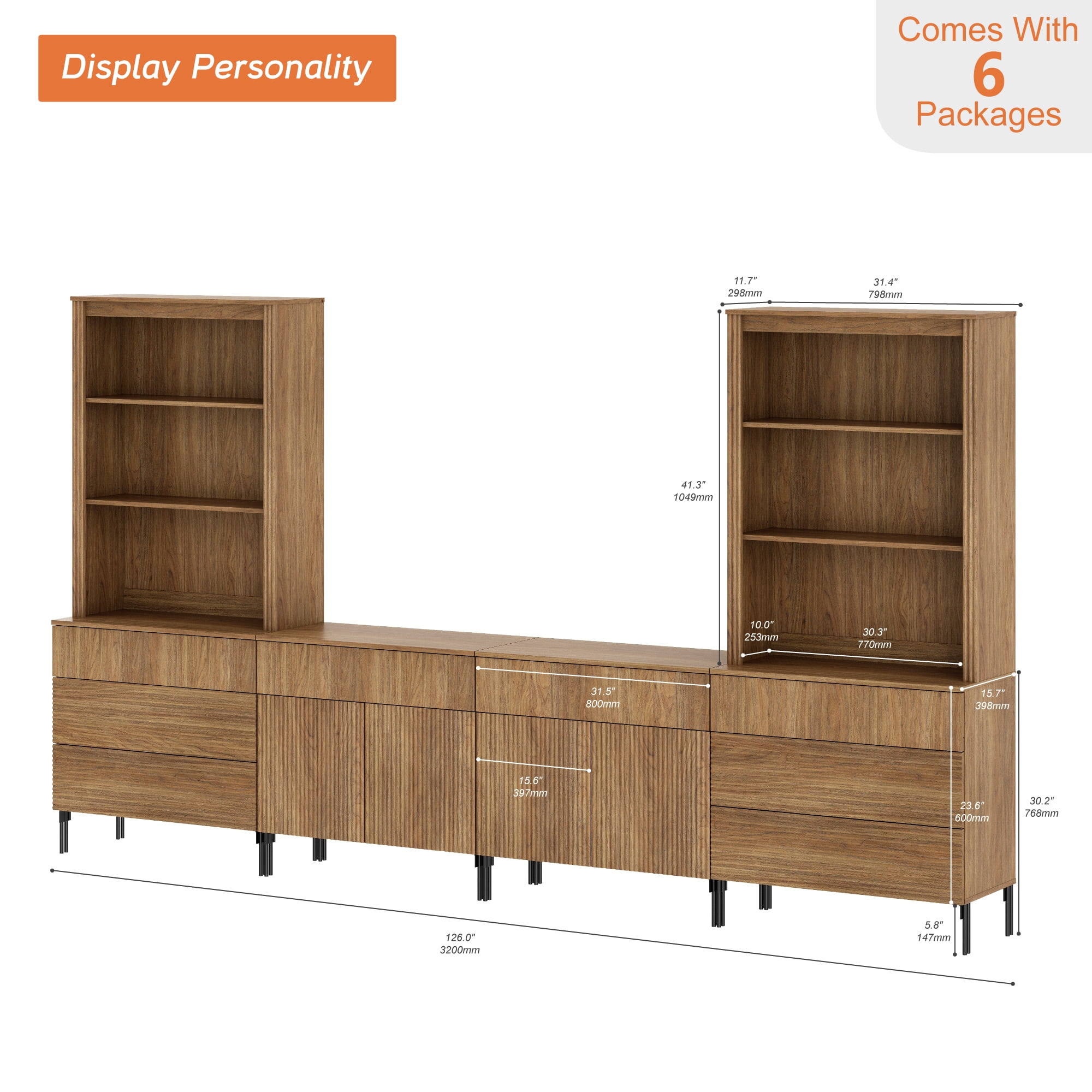 Modern Fluted TV Stand with Bookshelves for Tvs up to 75", Large Entertainment Center with Storage Cabinet, 10-Tier TV Console with Drawers For Living Room, Bedroom