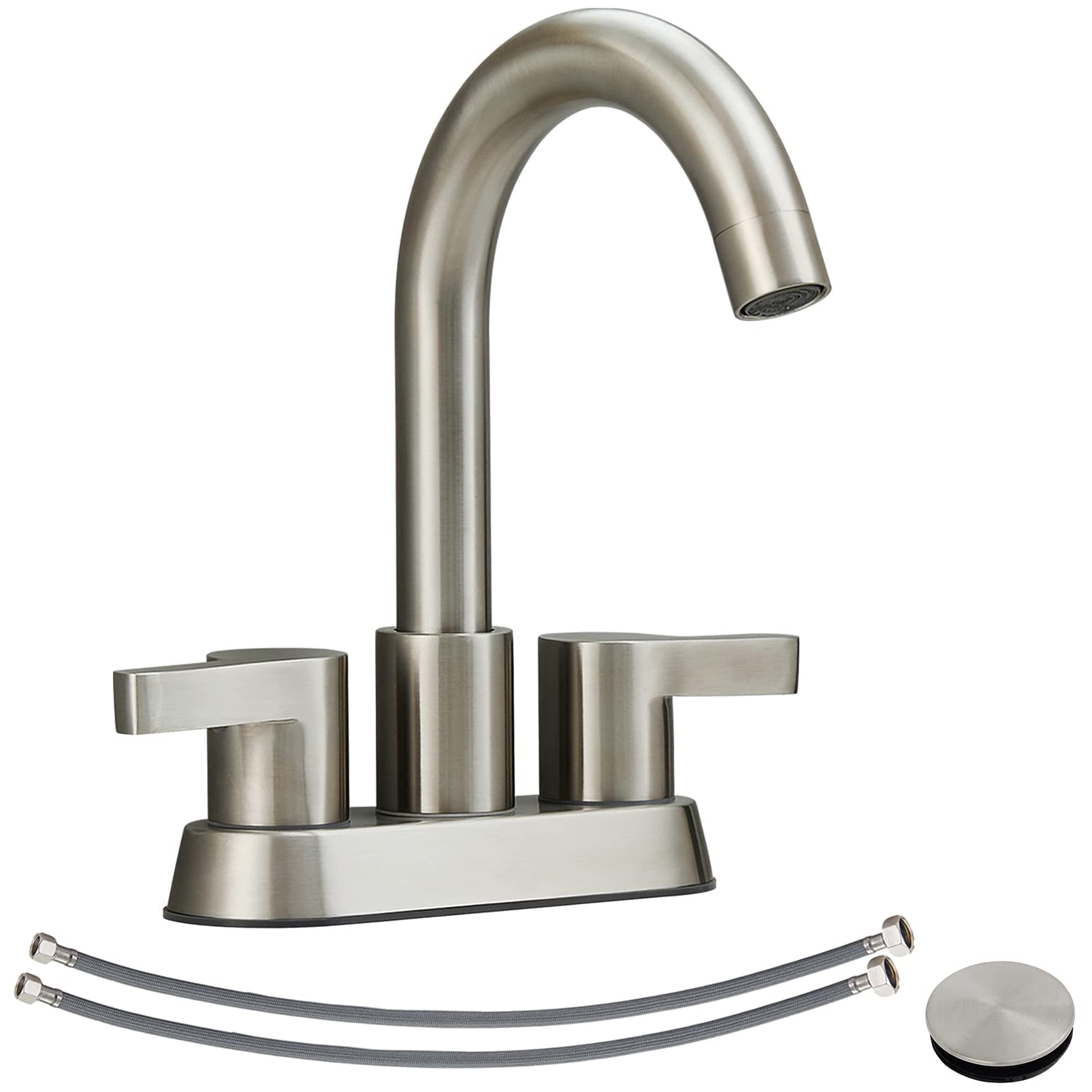 JERFIT 4-inch Centerset Bathroom Sink Faucet with Drain, 2-Handle Brushed Nickel Vanity Faucet, High-Arc 360° Swivel Spout for Bathroom Sink