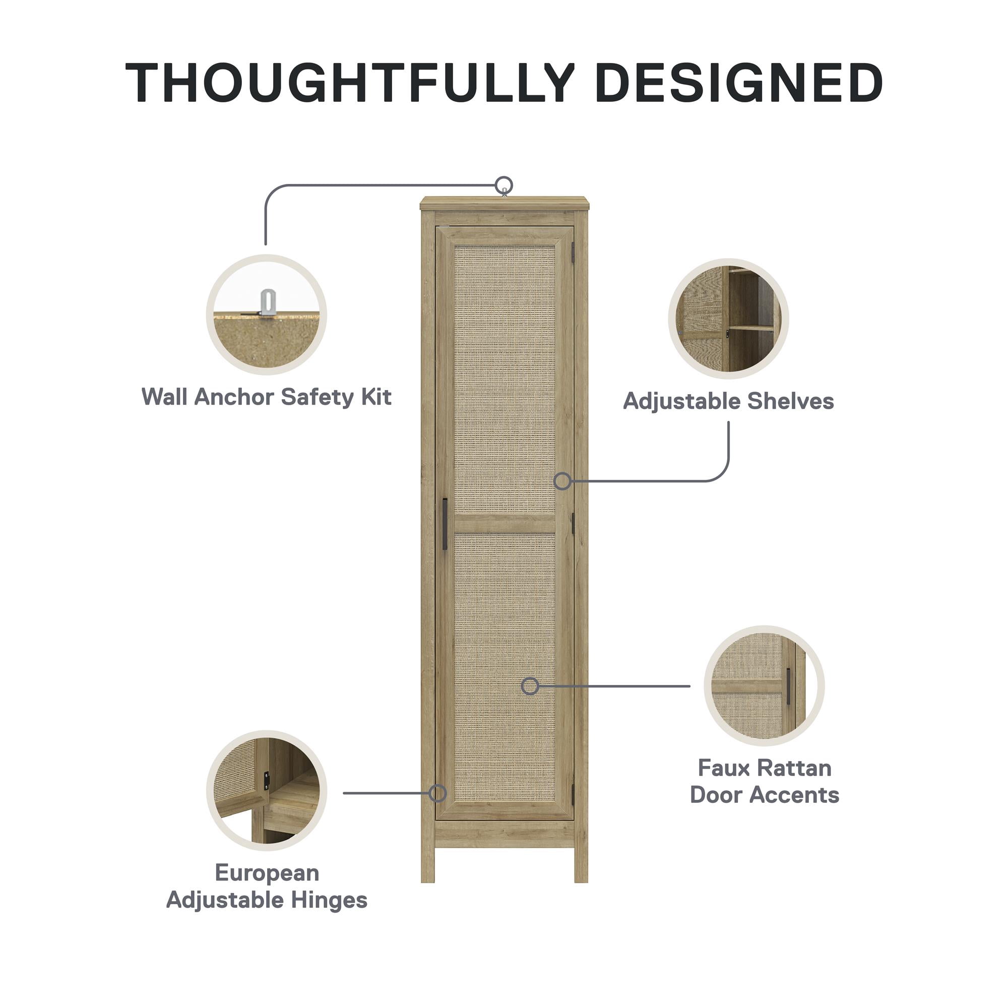 Ameriwood Home Wimberly Tall 1-Door Cabinet, Natural with Faux Rattan