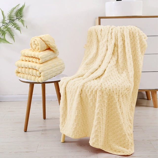 Juego de toallas de baño con rayas de terciopelo caramelo | Poliéster extra absorbente | Toallas domésticas suaves y gruesas de 3 piezas | Azul celeste, rosa, blanco, gris, amarillo | 70x140cm