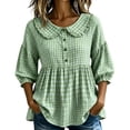 thumbnail image 3 of BODOAO Women's 2026 Gingham Peplum Blouse, 3/4 Puff Sleeve Button Down Shirt, Lightweight Breathable Loose Fit Cute Casual Top for Summer Fall Daily Wear Outfits Green XS, 3 of 4