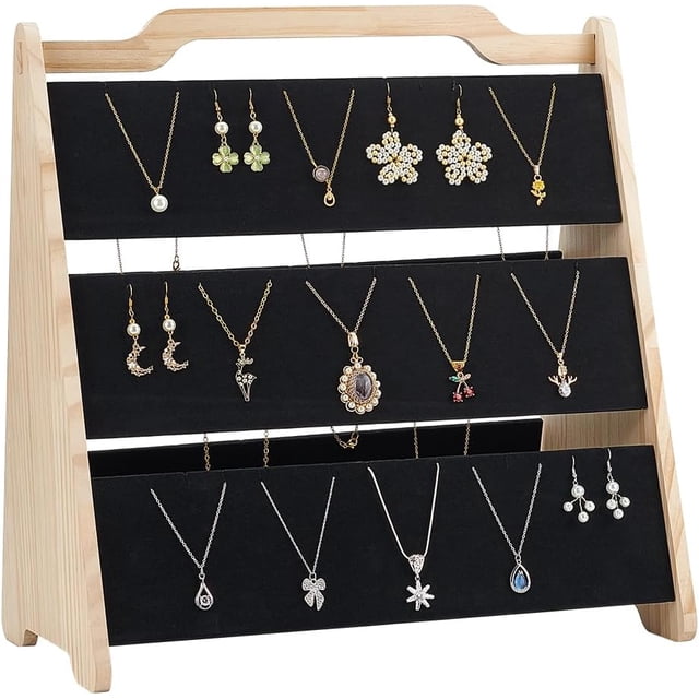 Organizador de collares de 3 niveles de madera de pino BurlyWood con tapete de terciopelo negro. Soporte de mesa para joyas.