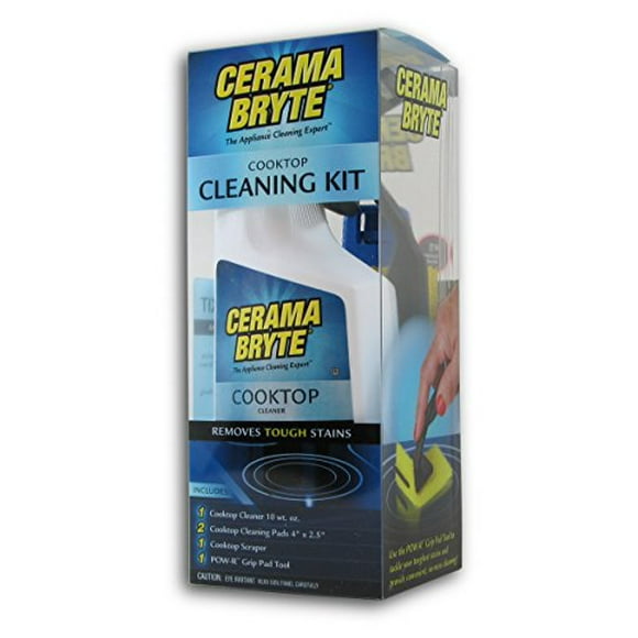 Cerama Bryte Cooktop Cleaning Kit, 10 oz Cooktop Cleaner, 2 Cleaning Pads & POW-R Grip Pad Tool, and Scraper, Heavy-duty Cleaning, Non Scratch, For Smooth-Top Cooking Surfaces and More, Biodegradable