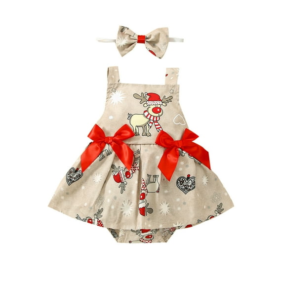 Bagilaanoe Newborn Baby Girl Christmas Rompers Dress Deer Print Sleeveless Bodysuit + Headband 6M 12M 18M 24M 3T One Piece Jumpsuit