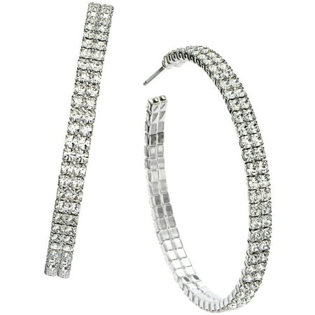 X & O Handset Austrian Crystal Rhodium-Plated Double-Row 45mm Hoop Earrings