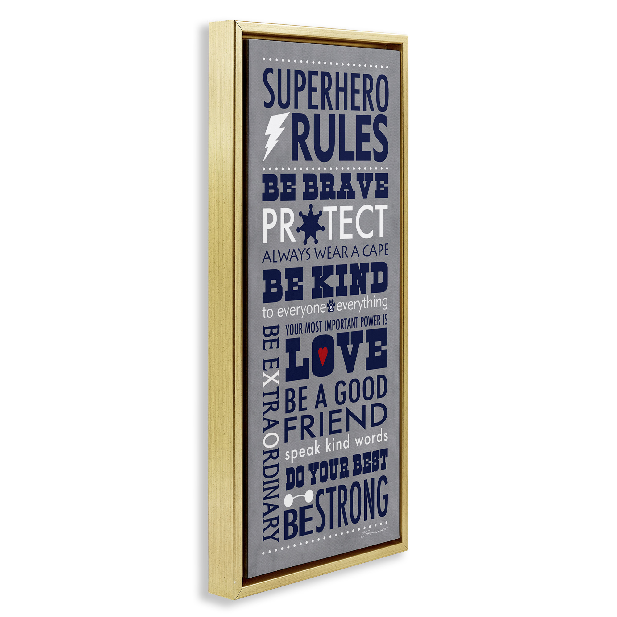 Stupell Industries Superhero Rules Typography Art for Kids Painting Gold Floater Framed Canvas Art Print Wall Art, 11 x 25