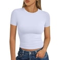 thumbnail image 2 of Dwellite Womens T-Shirts Short Sleeve Workout Tops Crop Cute Tees Compression Casual Y2K Athletic Gym Fitted White 2XL, 2 of 7