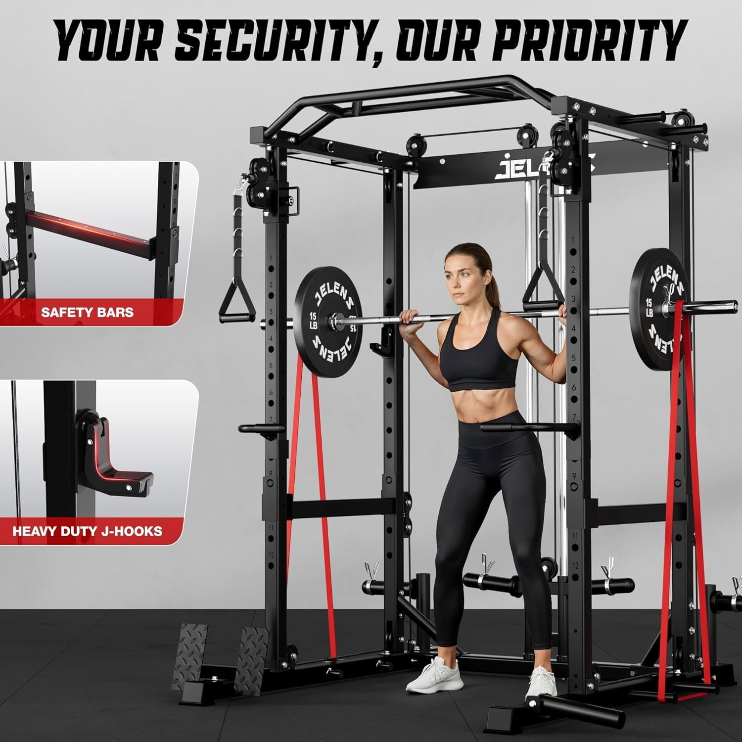 Squat Rack for Home Gym, 2000LBS Power Rack with Adjustable Pulley System, Power Cage Workout Equipment with LAT Pulldown and Training Attachment