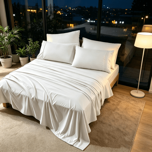 SUNNY HEAT Sheets Set, Comfortable Soft Fabric 16 inch Deep Pocket 4 Piece Queen size, White