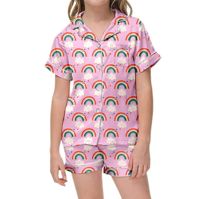 Ensemble de Pyjama et Shorts à Manches Courtes Imprimé Arc-en-Ciel pour Filles