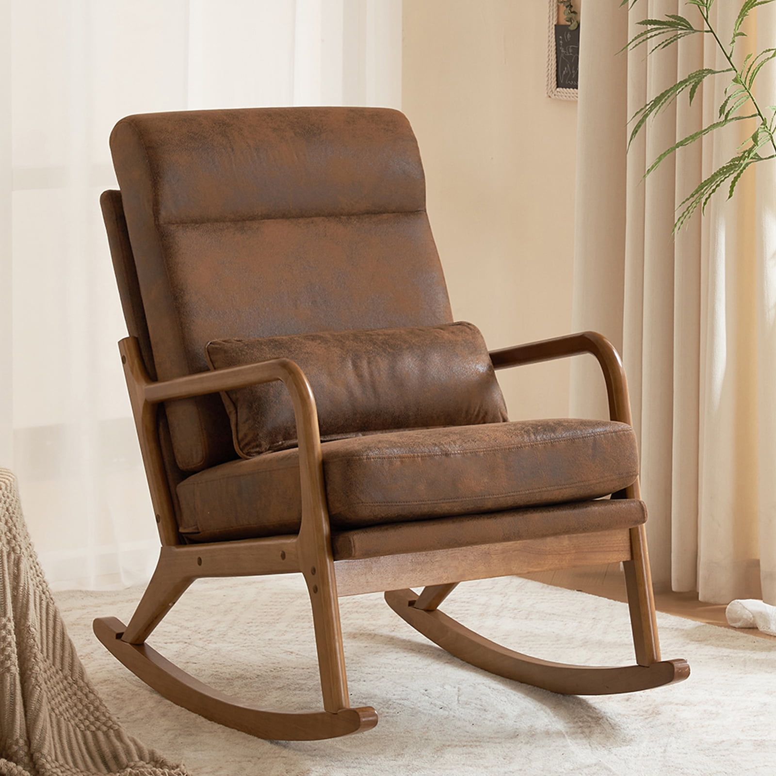 UWR-Nite Rocking Chair Nursery, 25.2" High Backrest Mid-Century Rocking Chair with Wooden Armrest Upholstered Glider Rocker with Free Lumbar Pillow for Living Room