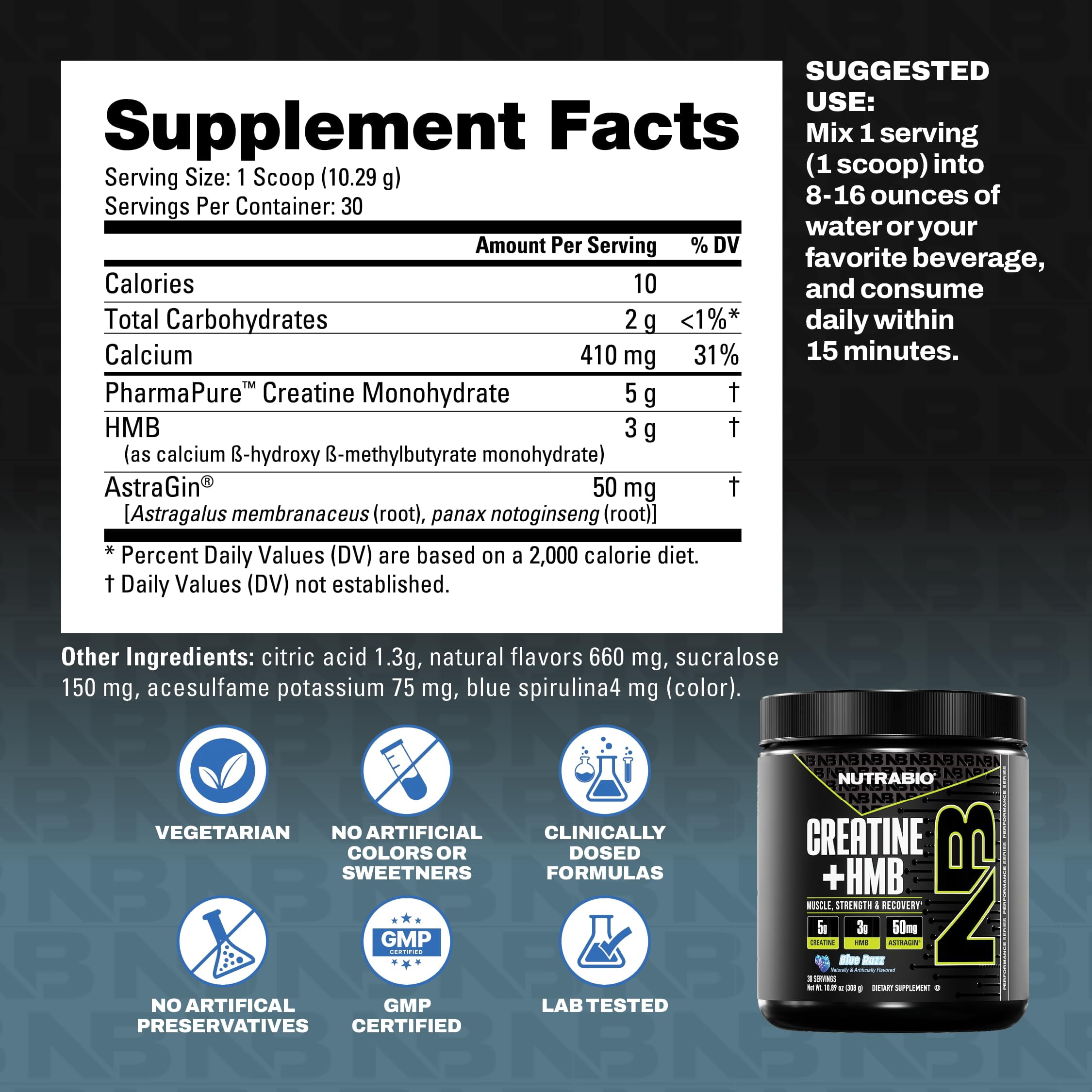 NutraBio Creatine + HMB- Creatine Monohydrate with HMB Powder for Muscle Growth, Increased Strength- 30 Servings (Blue Razz)