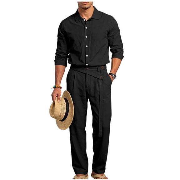 ZToonmas Men's 2 Piece formal Set Long Sleeve Button down Shirt and Elastic Waist Pants with Belt Casual Business Outfit