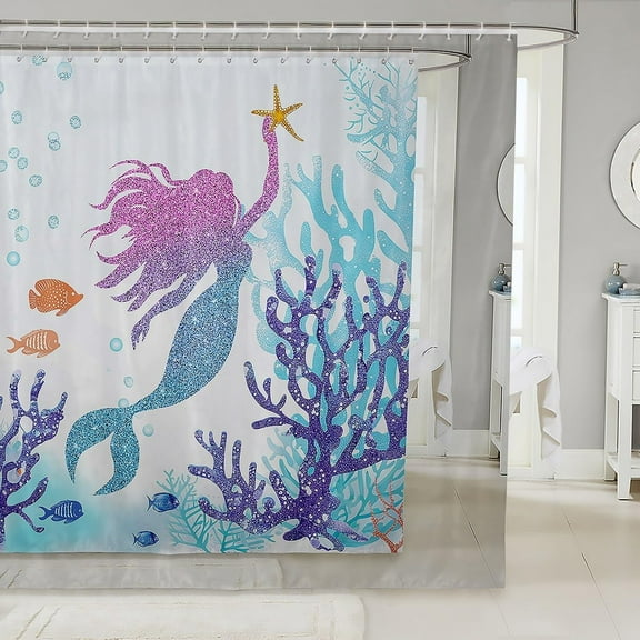 Mermaid Shower Curtain for Girls Kids Mermaid Princess Bathroom Decor Blue Purple Sequins Fish Scales Waterproof Bath Curtain Girly Gradient Bathroom Curtain Sea Animal Starfish Curtain 72”Wx84”L