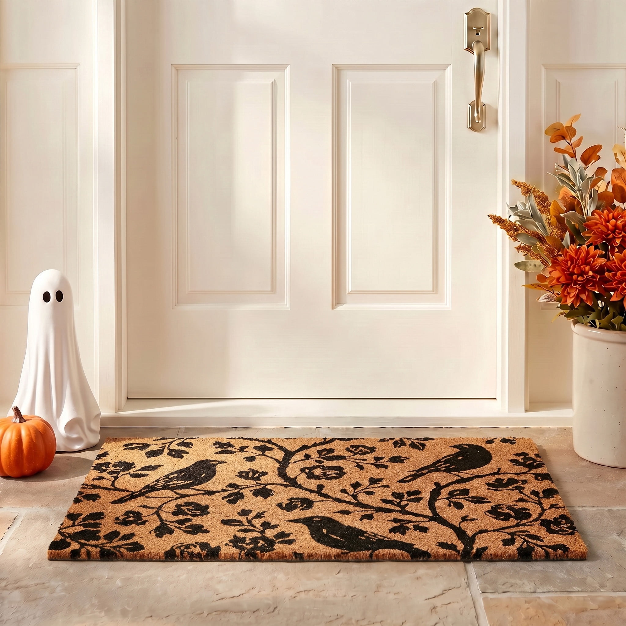 My Texas House Halloween Natural and Black Floral Bird Outdoor Coir Doormat, 18" x 30"