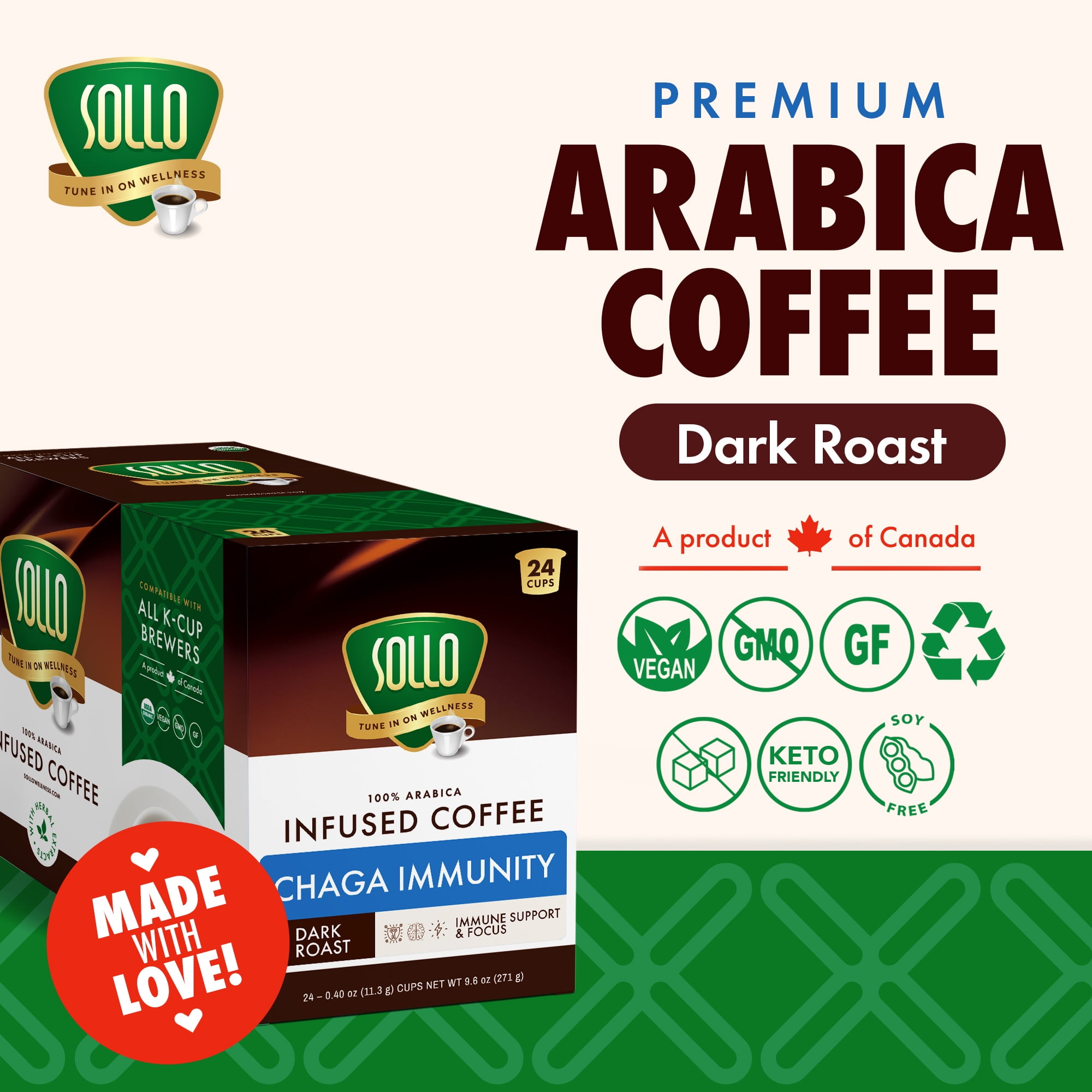 Sollo Chaga Mushroom Coffee Pods Compatible w/ K-Cup Brewers, 24 Ct