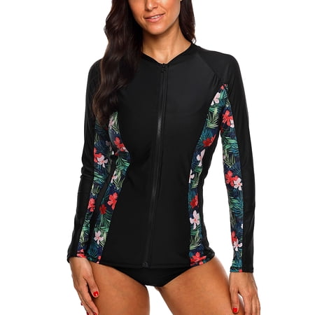 Attraco Women's Zip Front Long Sleeve Rash Guard Top Sun Protection Swim Shirt