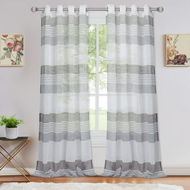 HOMERRY Stripe Sheer Curtain Faux Linen Textured Light Filtering