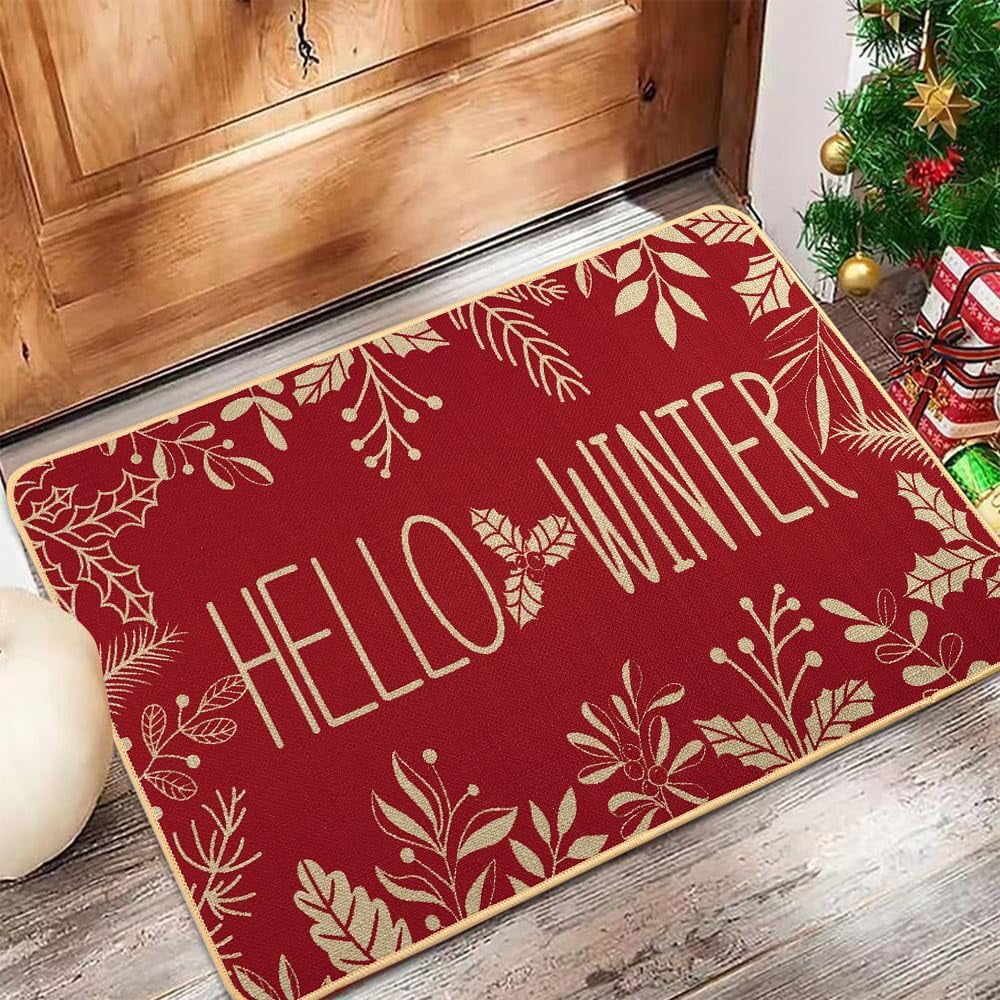 Hello Winter Door Mat Welcome Doormat, Winter Christmas Red Outdoor Rug Leaves Decor Floor Front Door Mat Non-Slip Entrance Mat for Home Kitchen Bathroom Decorations 17 X 30 Inch