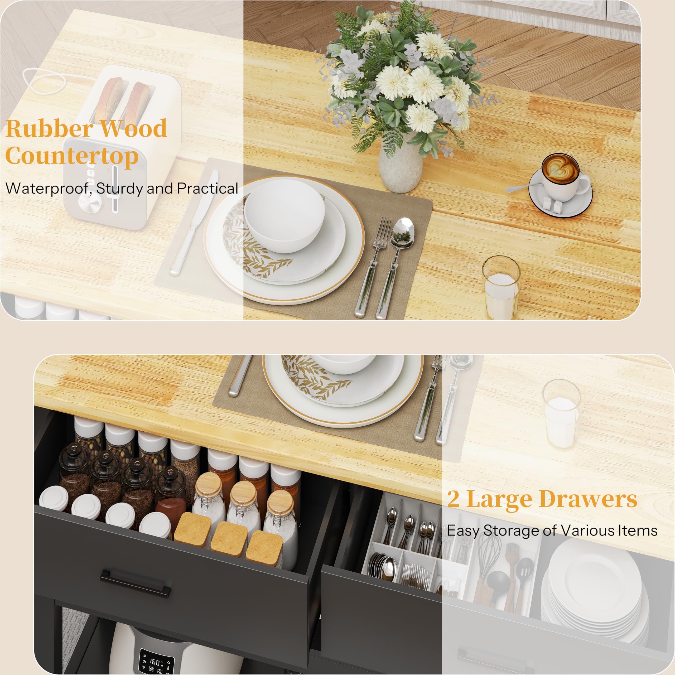 ChicZhiNest Kitchen Island with Power Outlet, 47.3" Rubber Solid Wood Countertop Kitchen Island with 2 Storage Drawers and 6 Hooks, Black