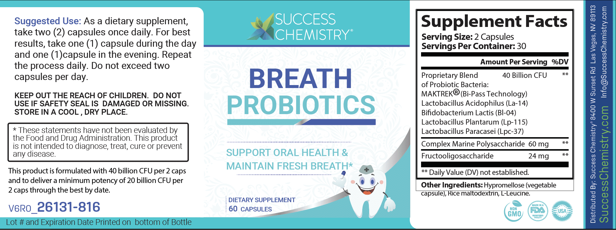 Success Chemistry Breath Probiotics Oral Health Supplement with Herbal Blend - General Health & Wellness Support for Adults - 60 Count
