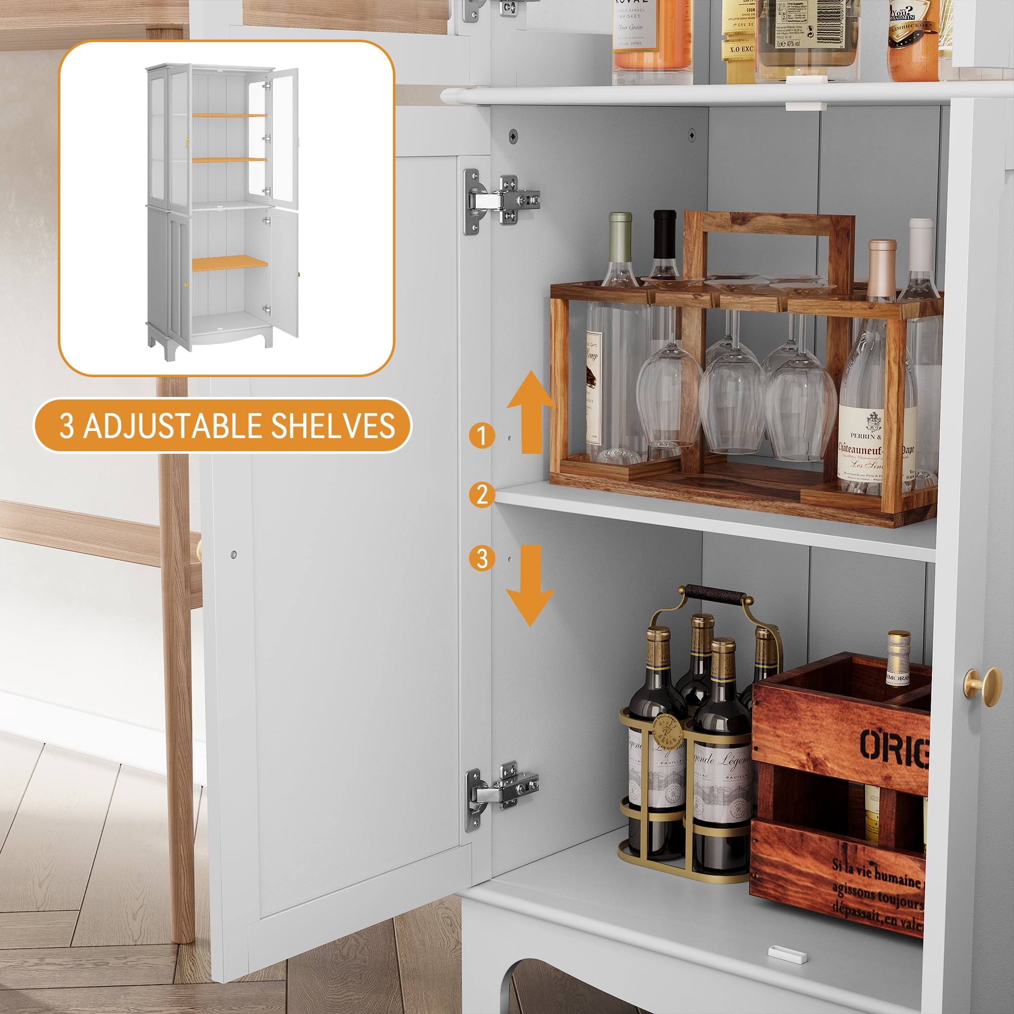 HLR 72 " Freestanding Kitchen Pantry Storage Sideboard,Glass Display Cabinet with Doors, White