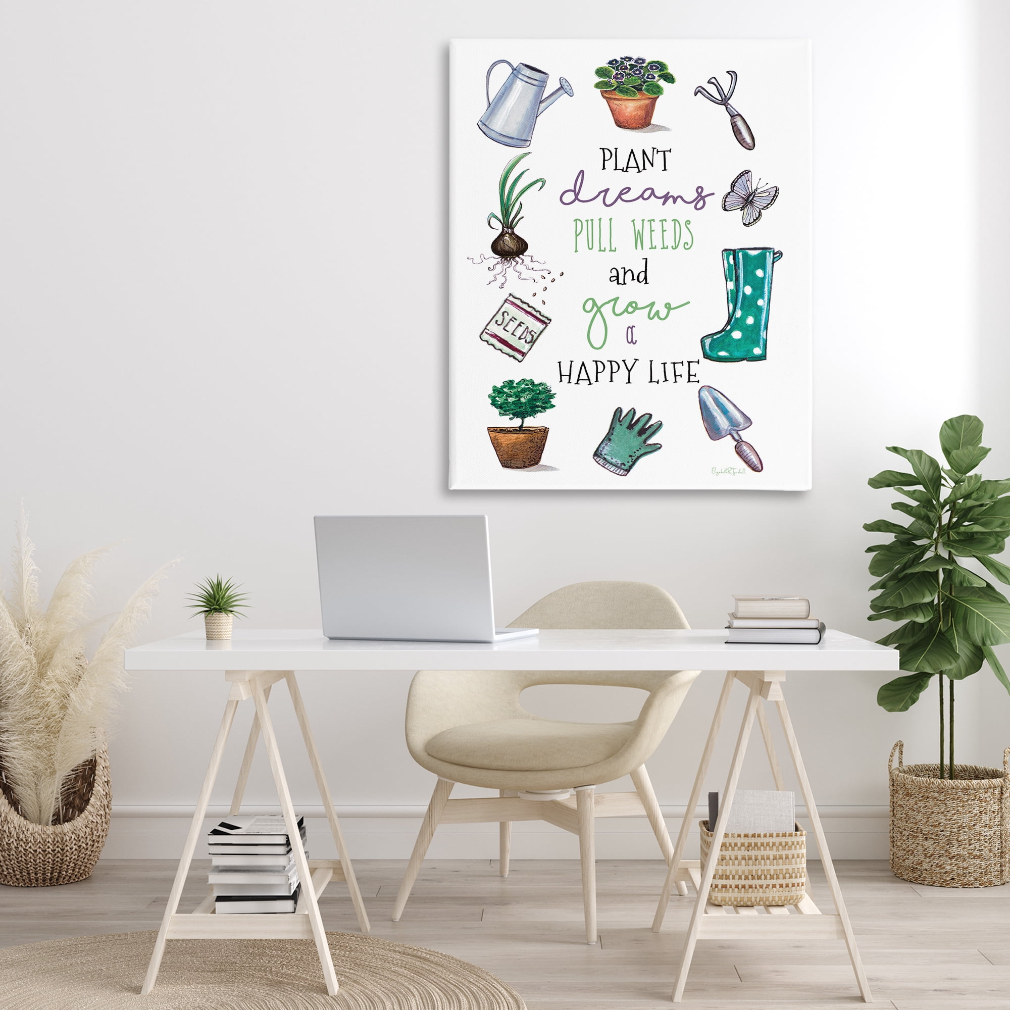 Stupell Industries Grow a Happy Life Botanical & Floral Painting Gallery Wrapped Canvas Art Print Wall Art, 36 x 48