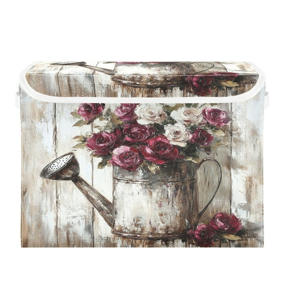 WOBOGO Burgundy Roses Large Collapsible Storage Box Flip Lid Fabric Decorative Organizer Container Basket with Handles 16.5×12.6×11.8in