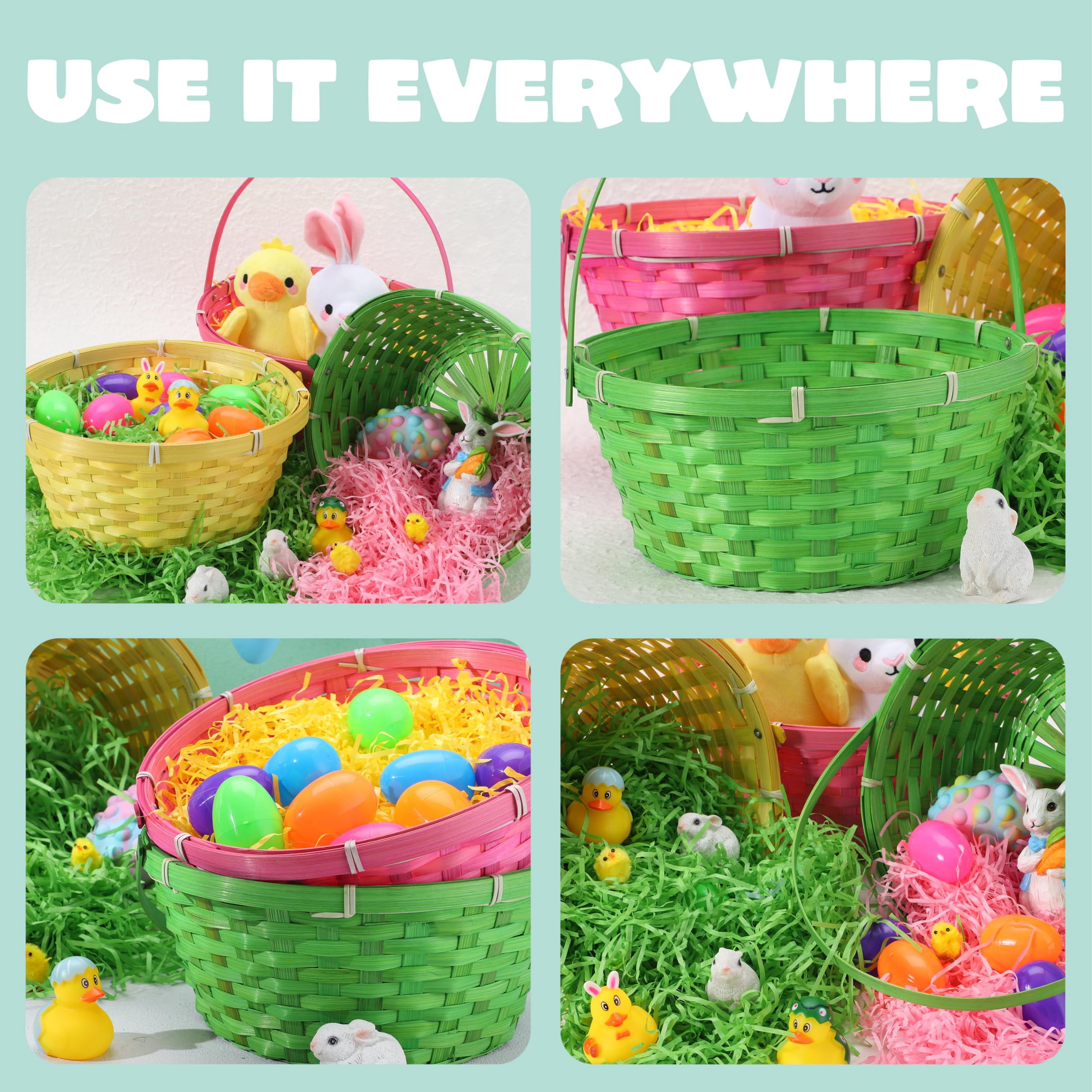 3 Easter Baskets With Handle And 3 Colors Grass Paper Shreds  Empty Gift Basket For Egg Hunt Party Supplies Filling Candy & Favors (yellow Pink Green)