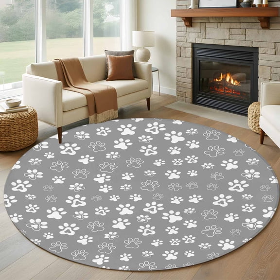 Round Area Rug 7 Ft, Dog Claws Washable Non-Slip Circle Carpet for Living Room/Bedroom, Grey Vintage Cartoon Funny Animals Print Low-Profile Large Runner Mat Collection Rugs for Indoor