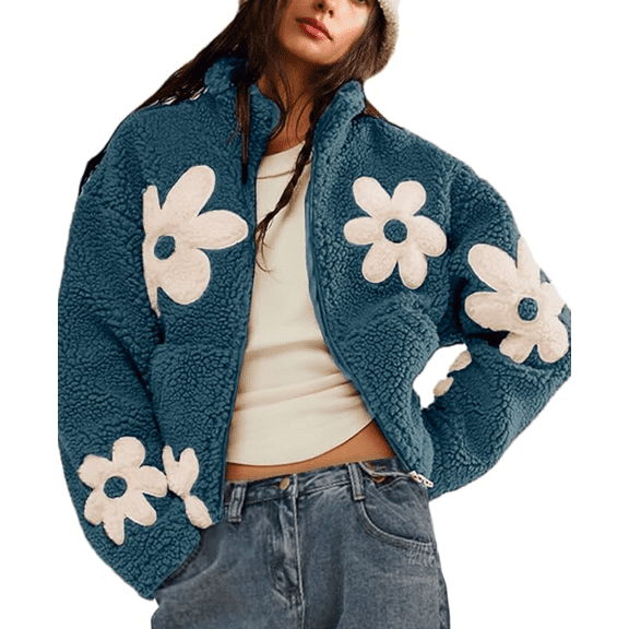 Womens Floral Print Sherpa Fleece Jackets Winter Zipper Cropped Coat Casual Long Sleeve Outwear with Pockets