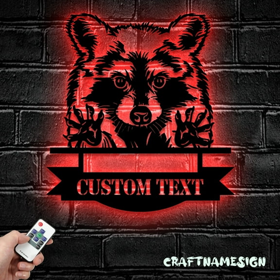 Craftnamesign Custom Raccoon Metal Wall Art LED Light, Personalized Woodland Animal Sign Home Decor
