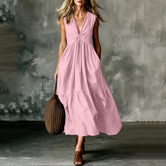 Oksale V Neck Dresses for Women with Pockets Loose Cozy Sleeveless Tank Dress Flowy Summer Maxi Dress for Vacation Pink M
