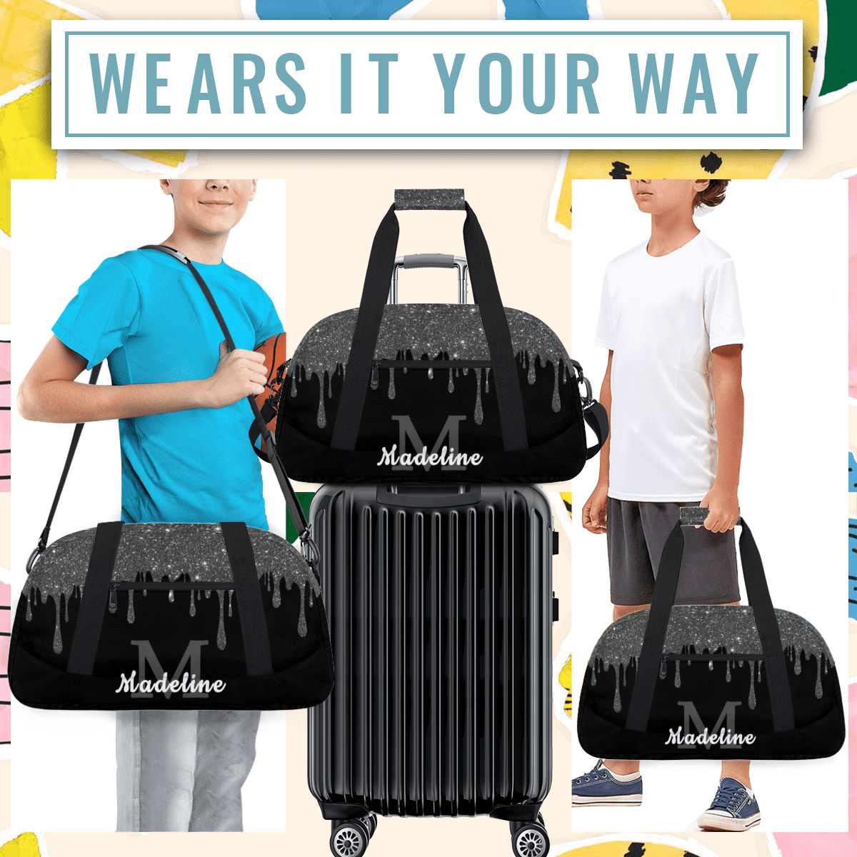 Herdesigns Personalized Sports Duffel Bag with Name Custom Weekender Overnight Bag Gym Bag Travel Dance Gymnastics Duffel Bag, Black