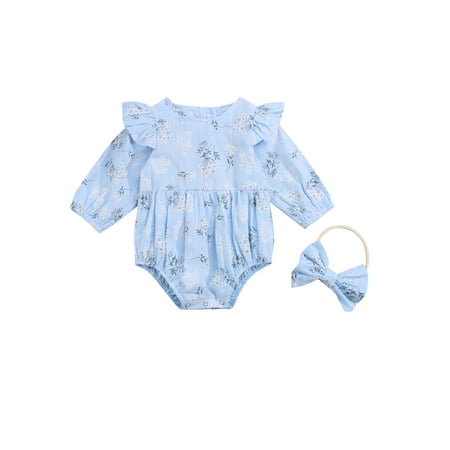 Ducklingup Baby Floral Print Clothes Set Long Sleeve Romper with Ruffle Headband