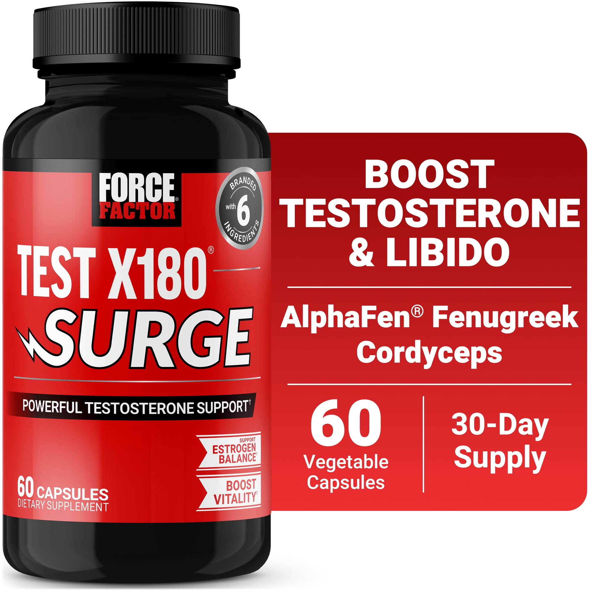 Force Factor Test X180 Surge Testosterone Booster for Men, Supports Lean Muscle, Strength, Energy, and Libido with Fenugreek and Black Maca, 60 Capsules