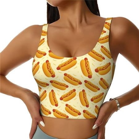 Qokaie Hot Dog 3 Pattern Womens Scoop Neck Sports Bra Breathable Workout Vest Padded U Back Medium Impact Fitness Gym Yoga Bra Workout Crop Top-X-Large