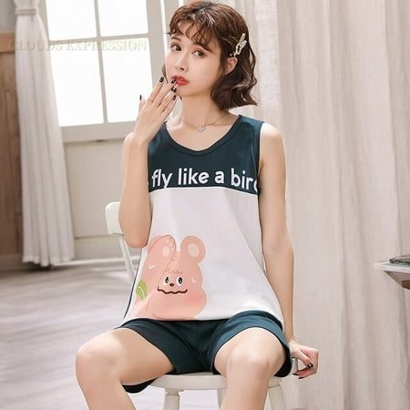 

QWZNDZGR Summer 100% Cotton Cartoon Print Couple Pajama Set Pyjamas Kawaii Sleep Lounge Sleeveless Red Sleepwear Suits Pajamas for Lovers