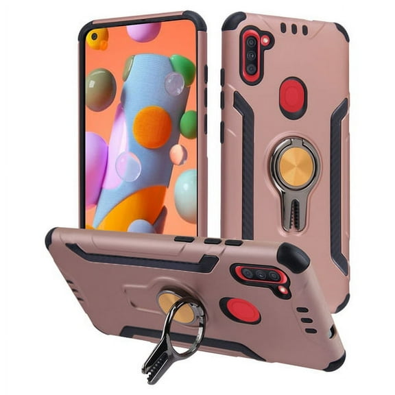 Samsung Galaxy A11 Phone Case Ring Stand Hybrid Rugged Heavy Duty Armor Rubber 2 layers with Car Air Vent Mount Rotation Ring Holder fit Magnetic Car Mount [ROSE GOLD] Cover for Samsung Galaxy A11