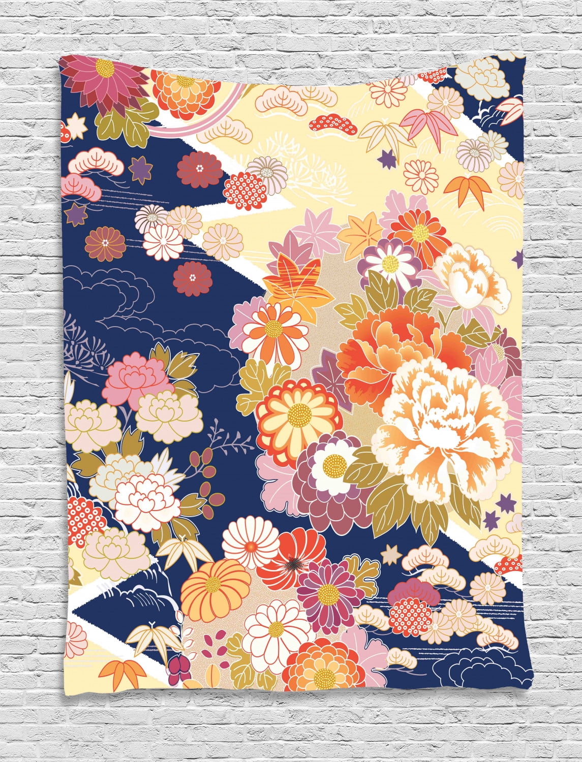 Japanese Tapestry, Traditional Kimono Motifs Composition Asian Ethnic Floral Patterns Vintage