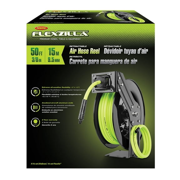 Flexzilla® Retractable Air Hose Reel, Open Face, Single Axle Arm, 3/8" x 50', ZillaGreen™
