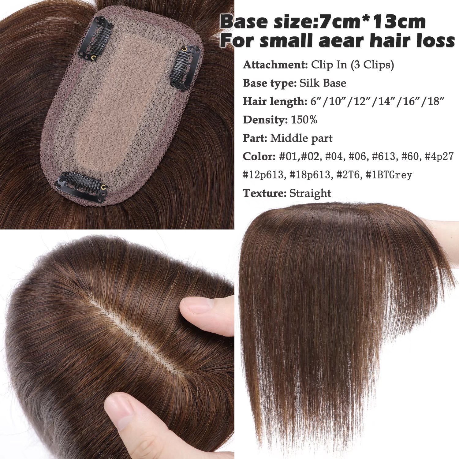 Benehair 100% Real Remy Human Hair Extensions Clip In Hairpiece with Bang Topper Toupee Women Hair Loss Silk Base Seamless 150% Density Brown