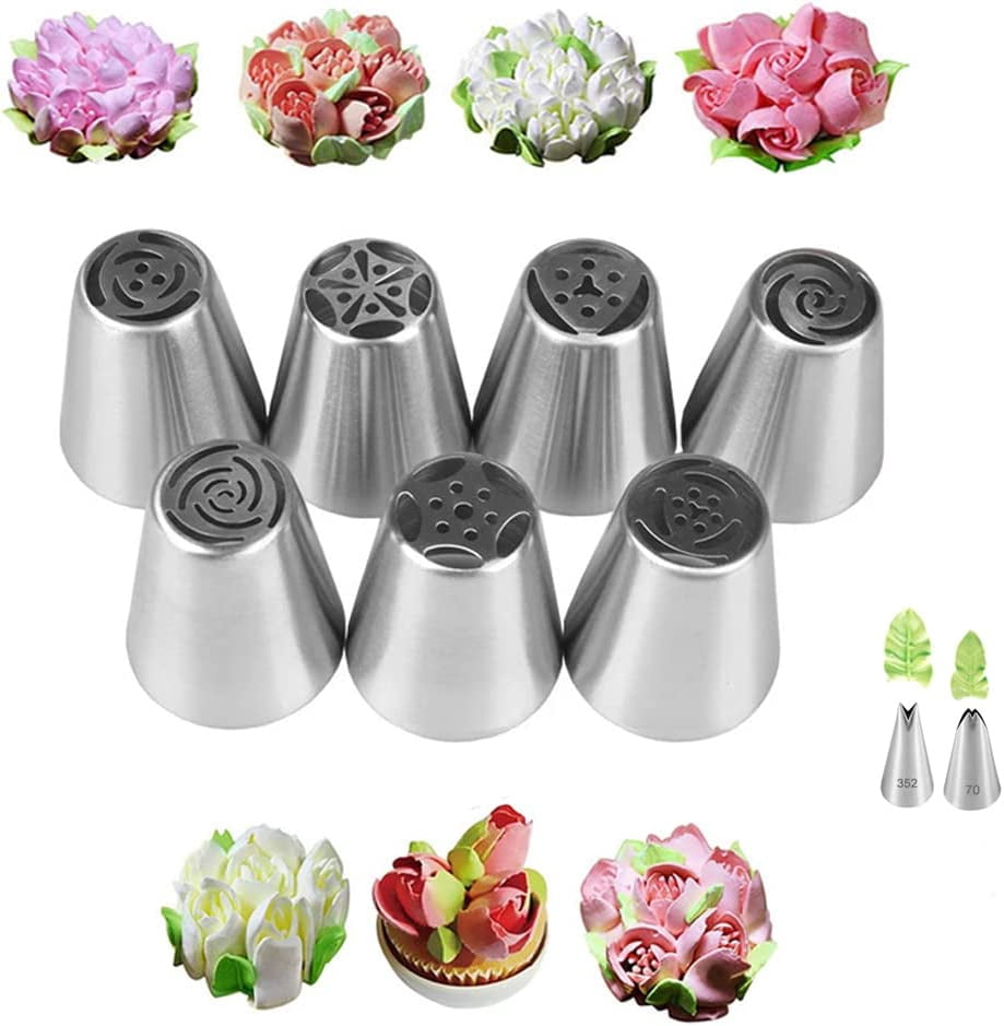 Russian Tips Russian Piping Tips Set with 7 Flower Icing Tips & 2 Leaf Pastry Tips ...