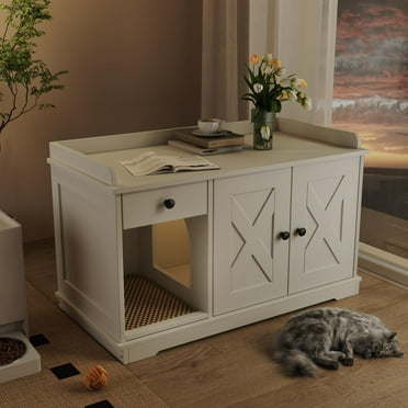 TenaoVilleux Wooden Cat Litter Box Furniture, White