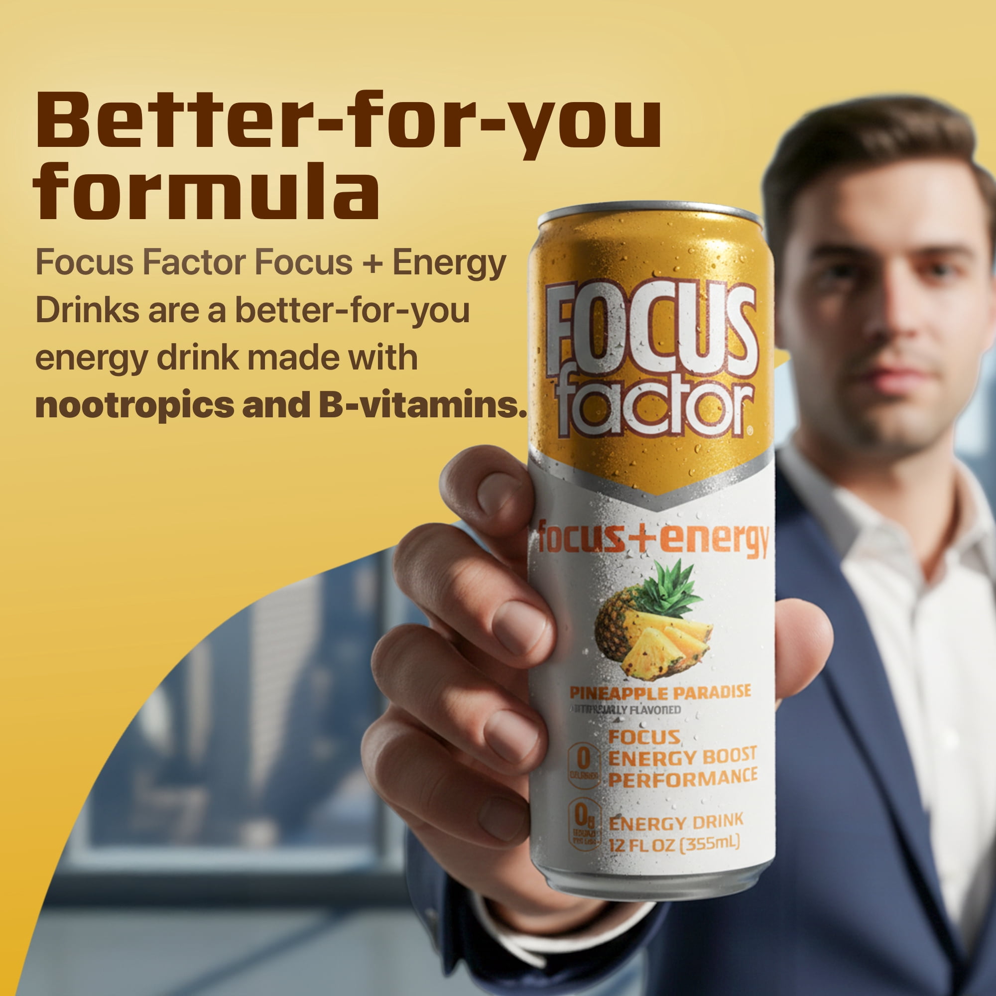 Focus Factor Energy Drink - 12 x 355ml Cans (Pineapple Paradise Flavor) - with Focus + Energy - Sugar Free, Low Calorie with Vitamin B6 & Vitamin B12
