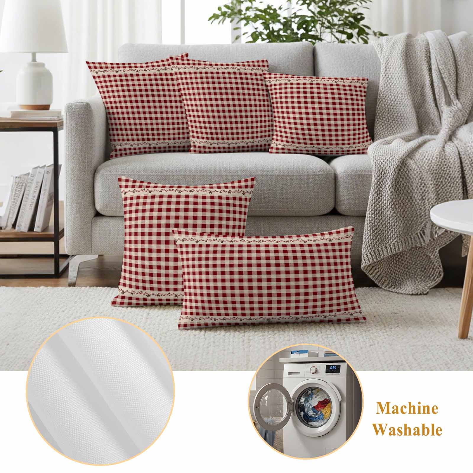 Country Star Plaid Outdoor Waterproof Pillow Covers, Retro Red American Farm Barn Berry Decorative Square Throw Pillowcase Sofa Cushion Sham for Patio/Couch/Chair, 18"x18" 2 Pack