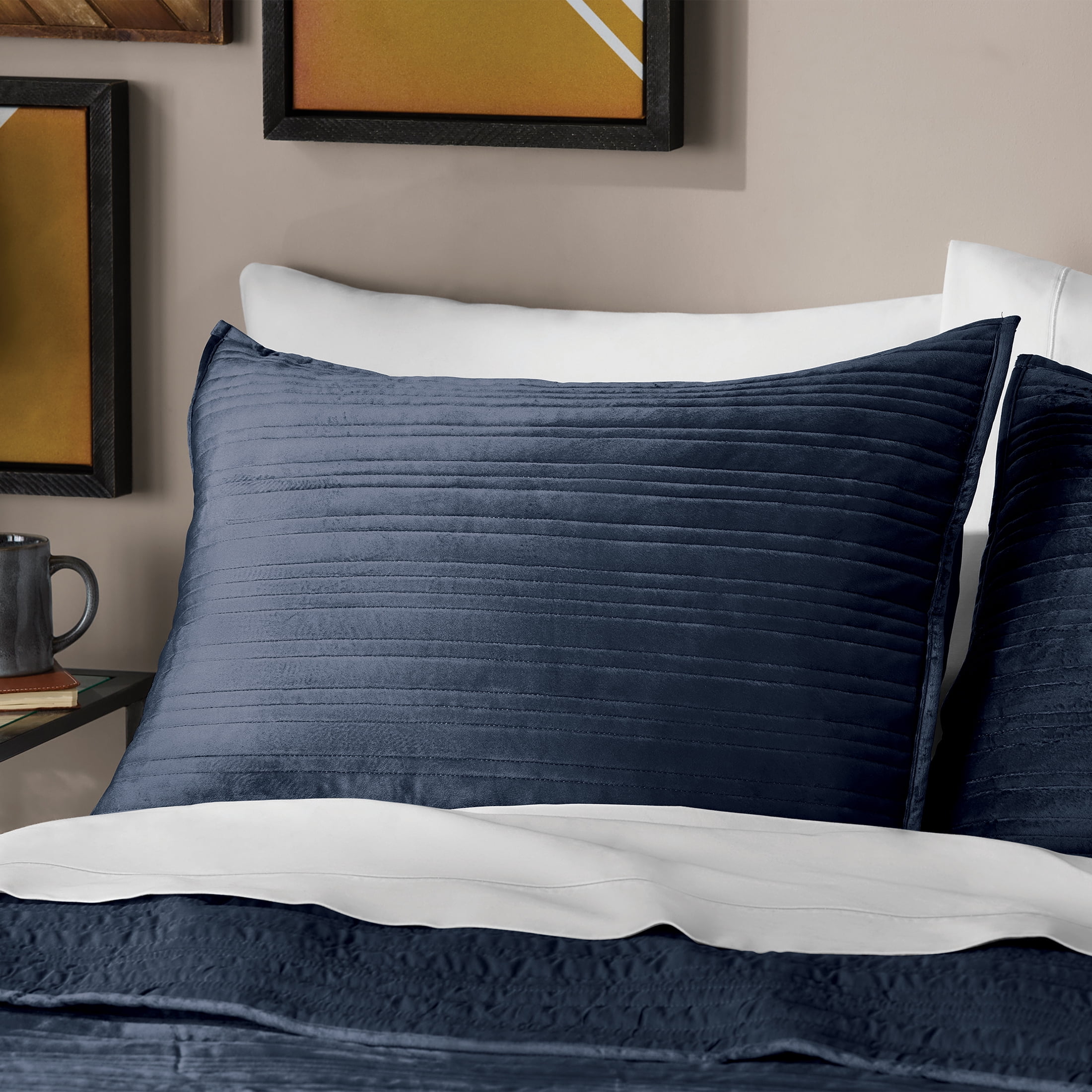 Mainstays Soft Velvet Stripe Quilted Pillow Sham, Dark Blue, King, 2 Pack, All Ages